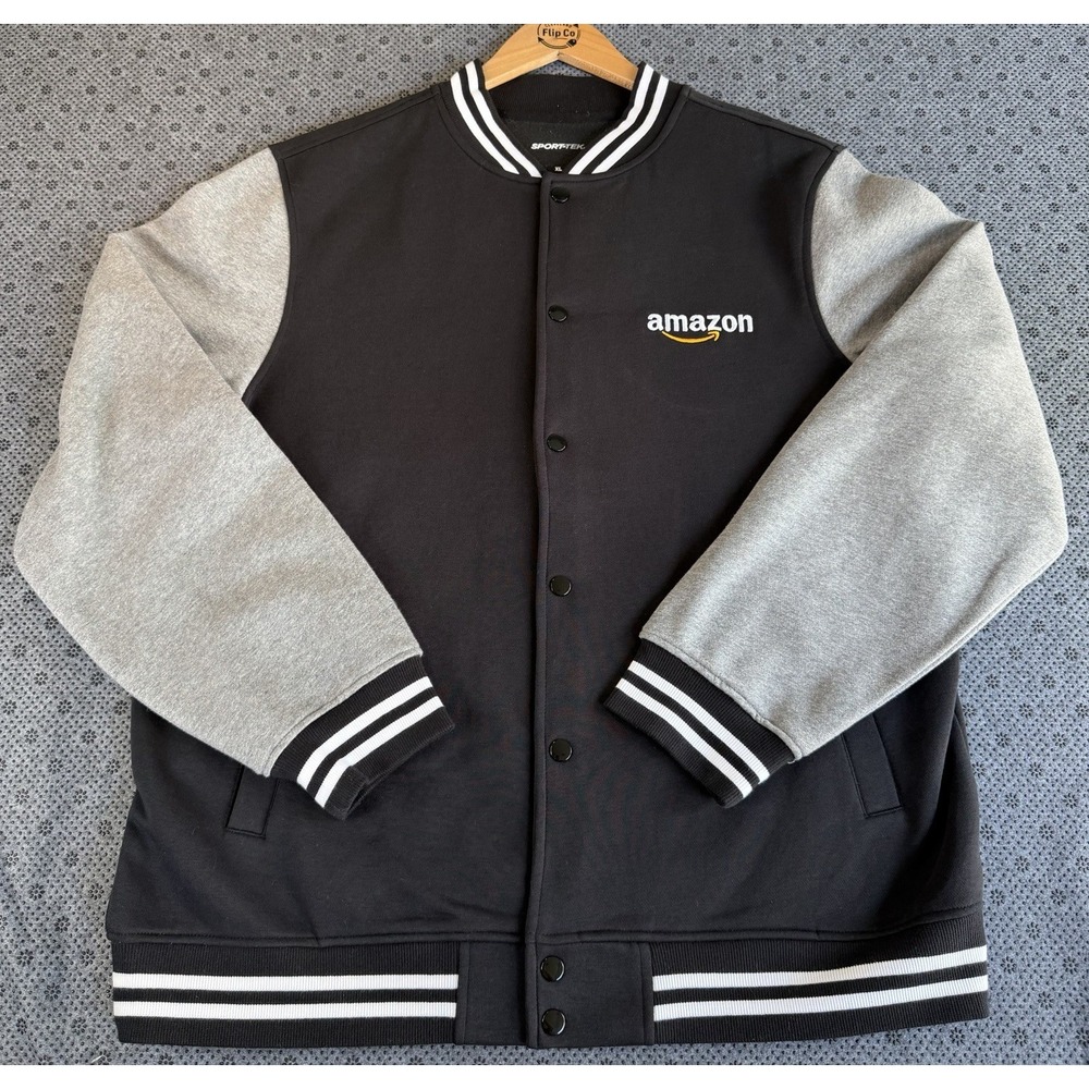 SportTek Mens XL Black Varsity Jacket Snap Front Amazon Logo CLE3 5 Years - Picture 2 of 11